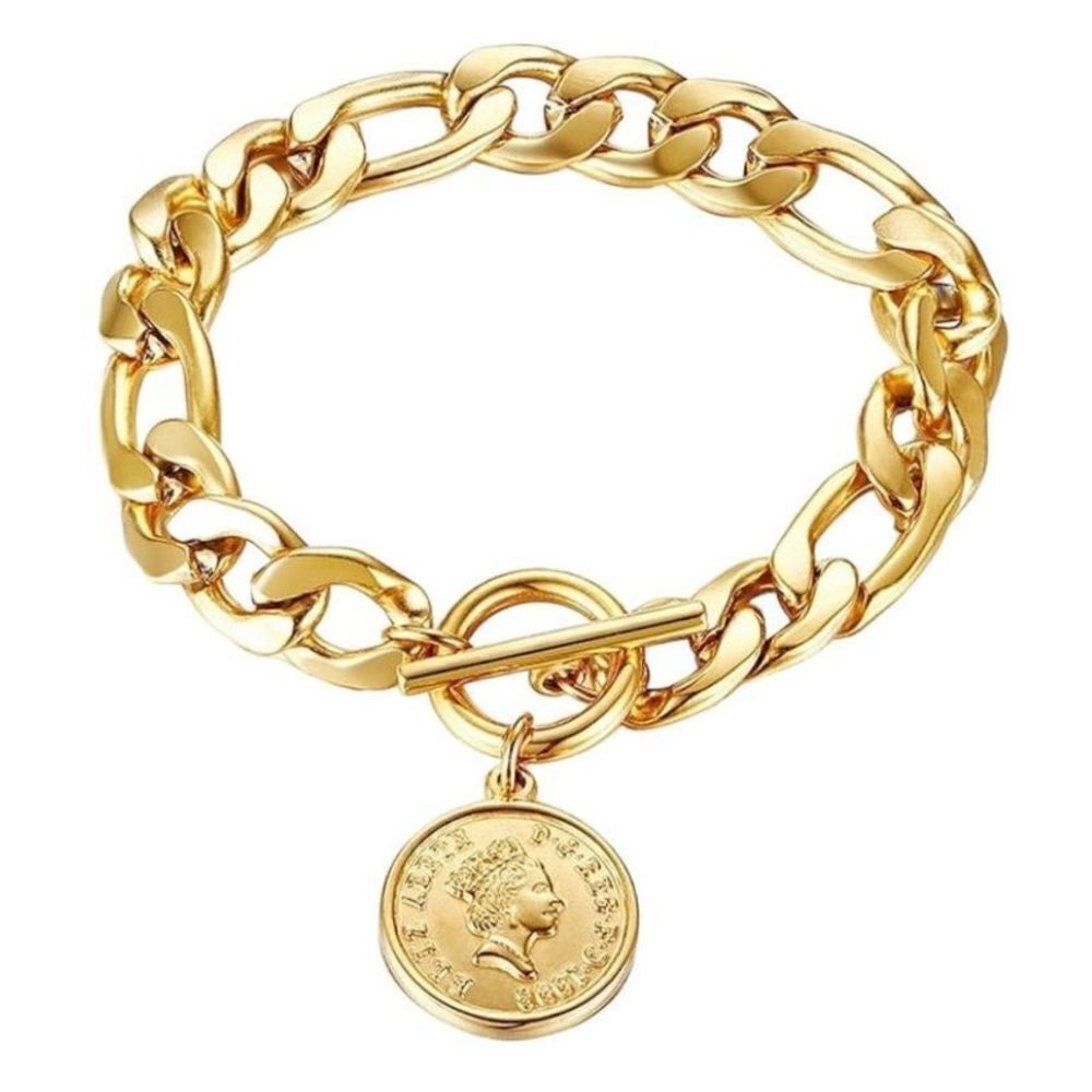 Cuban Link Chain Coin Bracelet Womens Gold Vintage Inspired Accessory Brand New